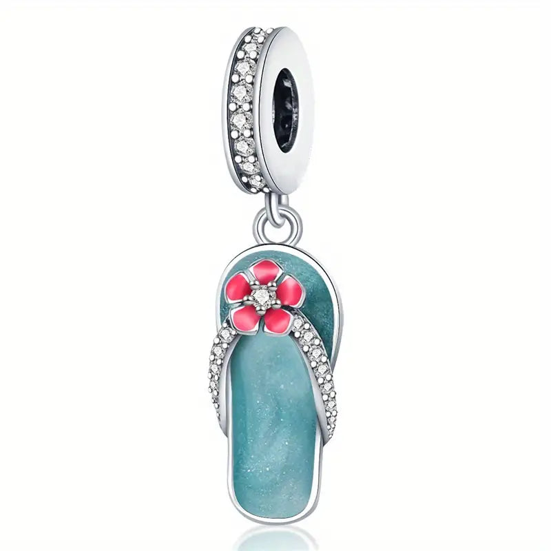 ALICE .925 Sterling Silver Charms - Flowered Summer Sandal Flip-Flop