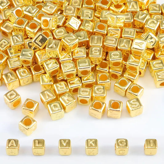 ALICE - 200pcs 0.6cm Metallic Yellow Gold 200pcs Cube CCB Square A-Z Mixed Loose Letter Beads for Jewelry Making