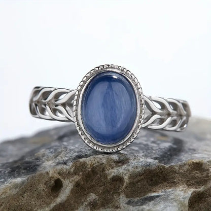 Natural Genuine Kyanite Cabochon embellished in 925 Sterling Silver Ring - Adjustable