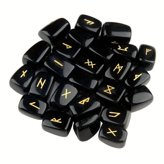 Nordic Viking Style Premium 25pcs Black Obsidian Rune Stones - Tumbled Engraved Lettering Crystal Set