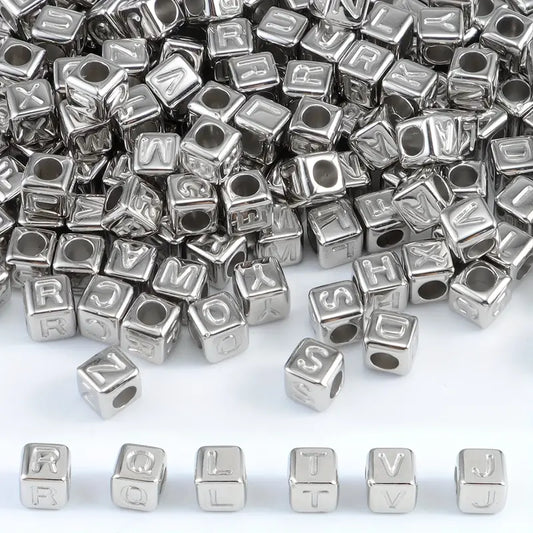 ALICE - 200pcs 0.6cm Silver Metallic 200pcs Cube CCB Square A-Z Mixed Loose Letter Beads for Jewelry Making