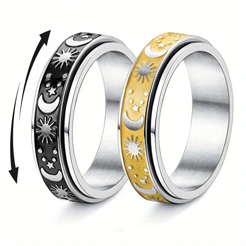 Vintge Retro Fidget Ring - Hypoallergenic Stainless Steel Enameled Black or Gold with Divinity Symbols