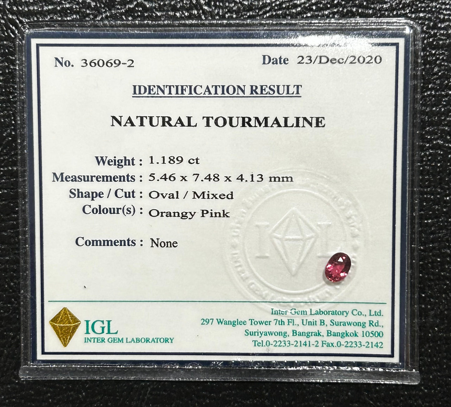 Genuine Natural Mined 1.189 Carat Oval Cut Pink Tourmaline - IGL Certificate