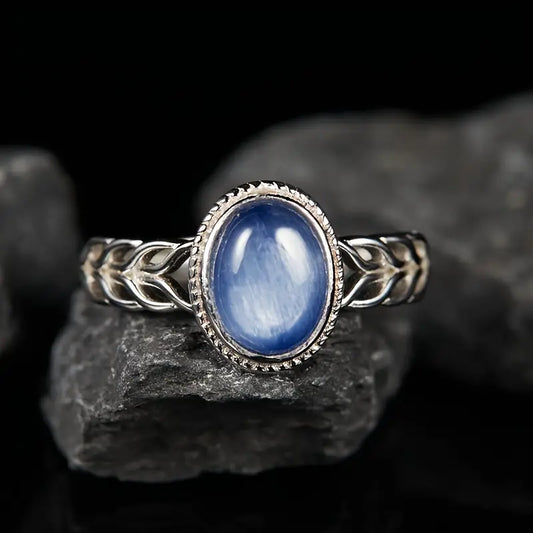 Natural Genuine Kyanite Cabochon embellished in 925 Sterling Silver Ring - Adjustable