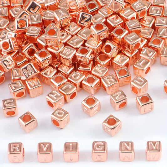 ALICE - 200pcs 0.6cm Metallic Rose Gold 200pcs Cube CCB Square A-Z Mixed Loose Letter Beads for Jewelry Making