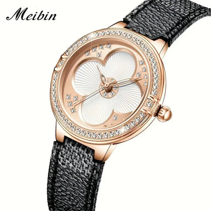 MEIBIN Women's Rhinestone Quartz Clover Waterproof Watch