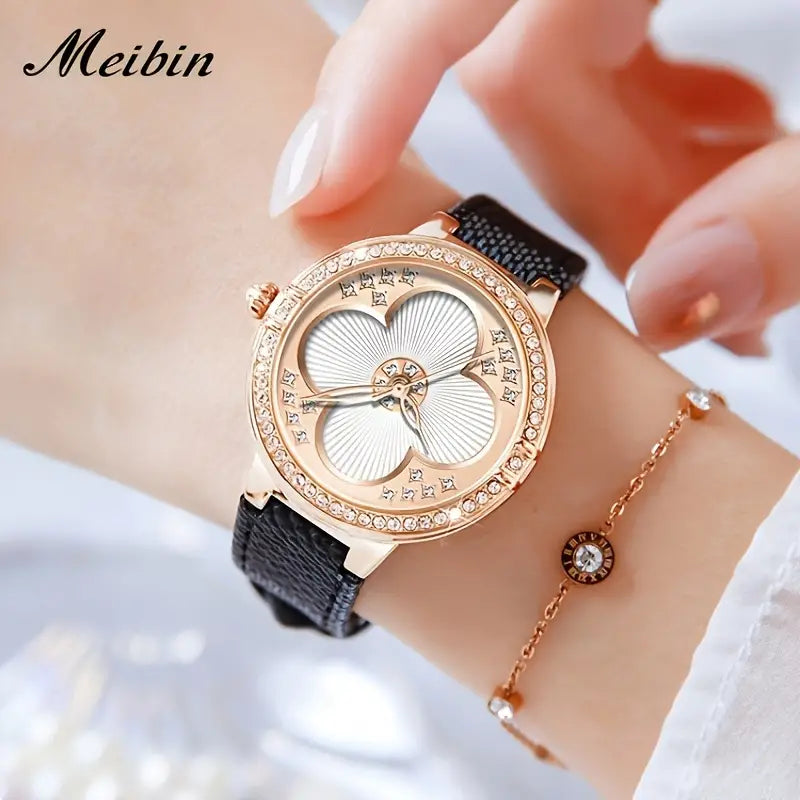 MEIBIN Women's Rhinestone Quartz Clover Waterproof Watch