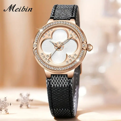 MEIBIN Women's Rhinestone Quartz Clover Waterproof Watch