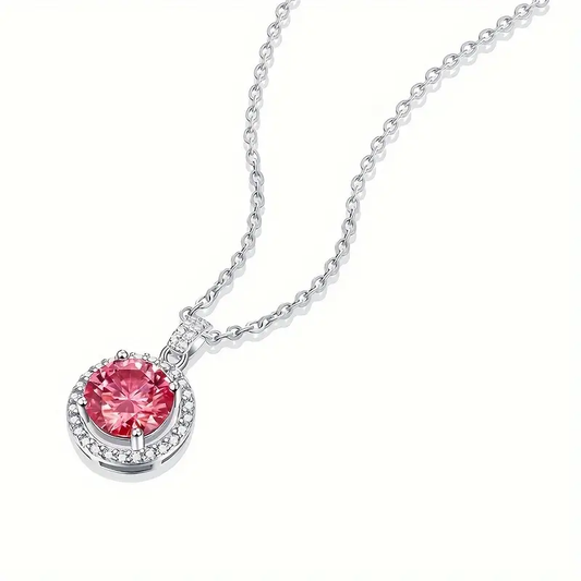 ROSETTE - 3 Carat (4ct tw) 925 Sterling Silver with Round Pinkish Red Moissanite Pendant